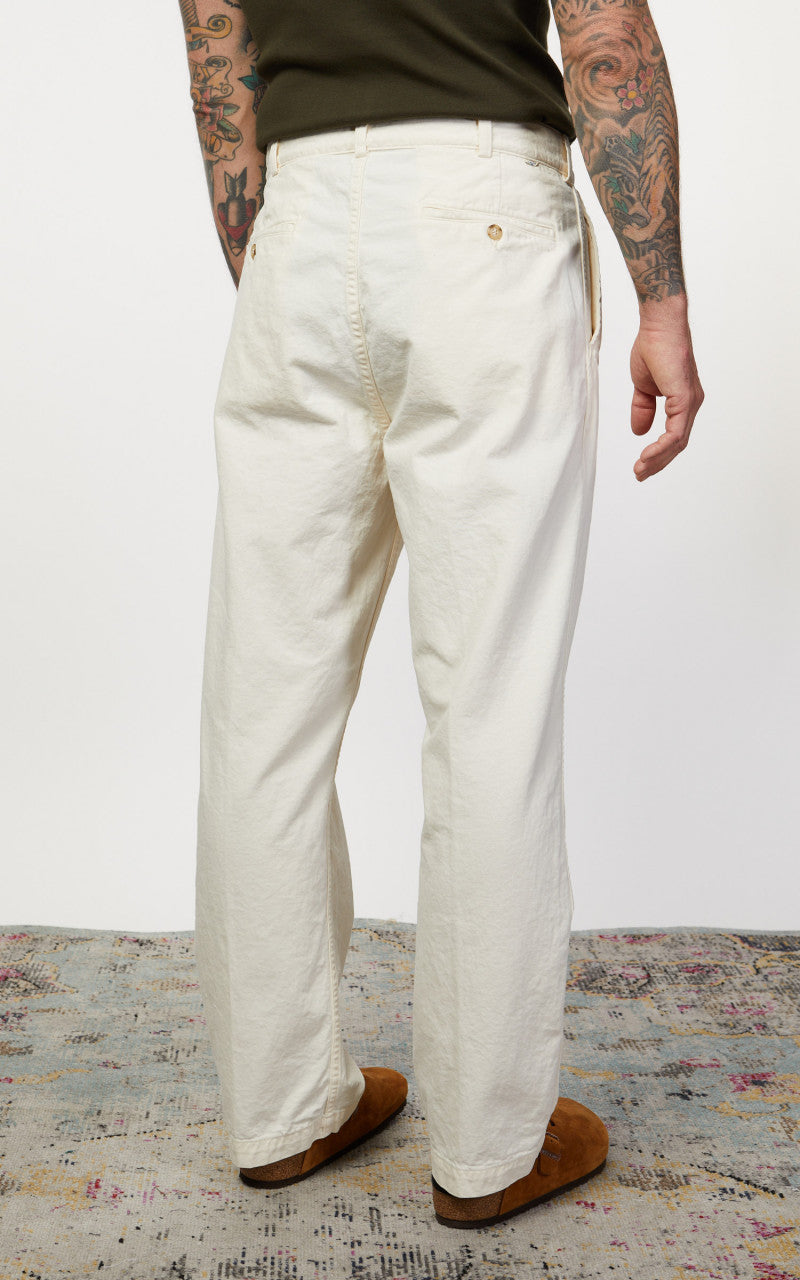 OrSlow Two Tuck Kinari Denim Wide Trousers Ecru