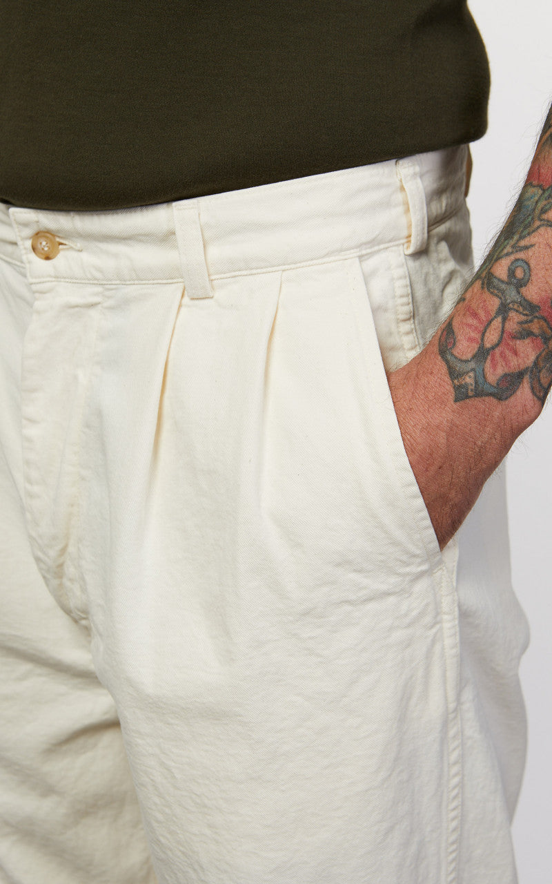 OrSlow Two Tuck Kinari Denim Wide Trousers Ecru