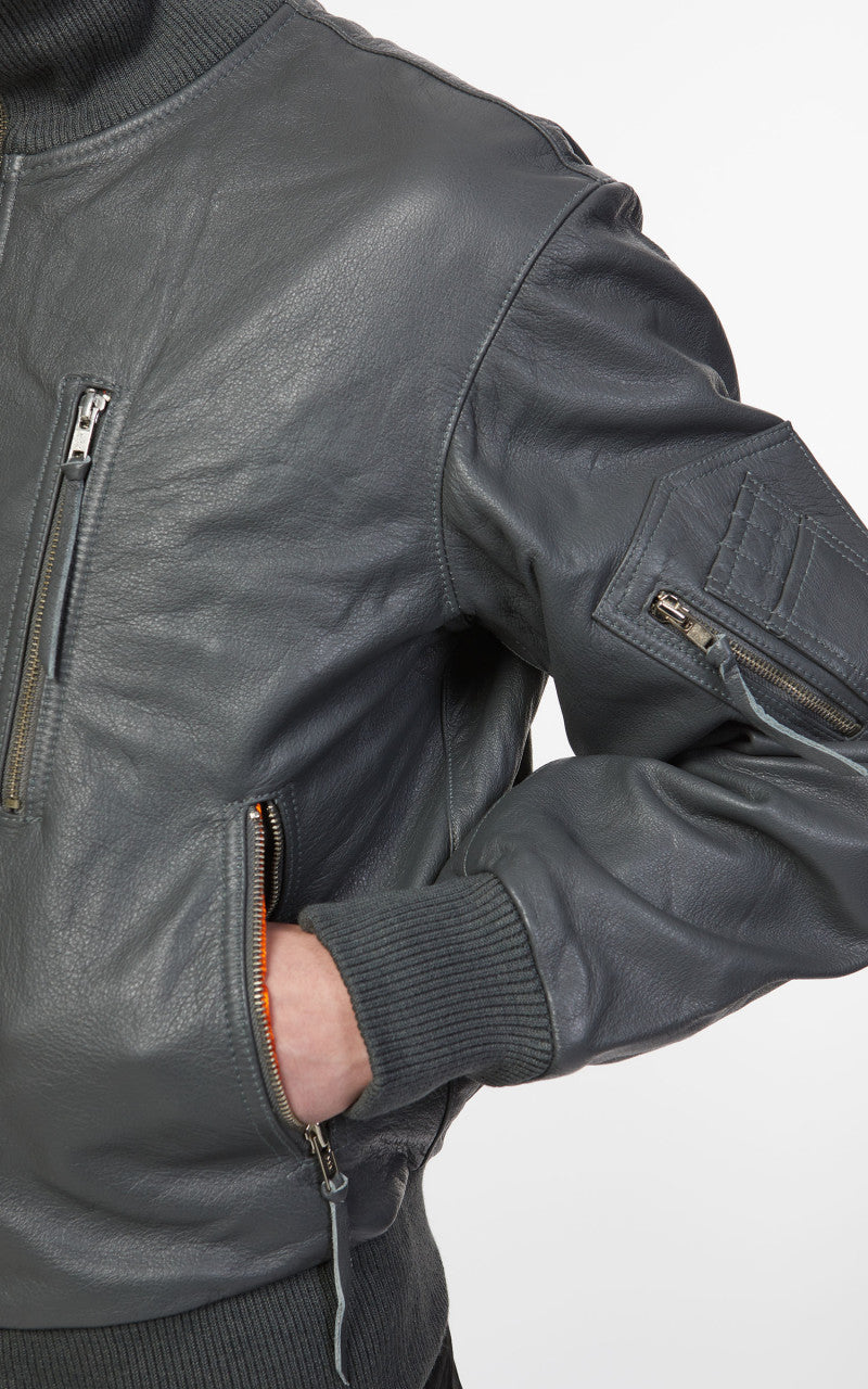 Military Surplus Pilot Flight Leather Jacket Dark Grey