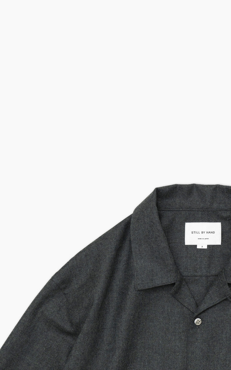Still By Hand Open Collar Wool Shirt Blue Charcoal
