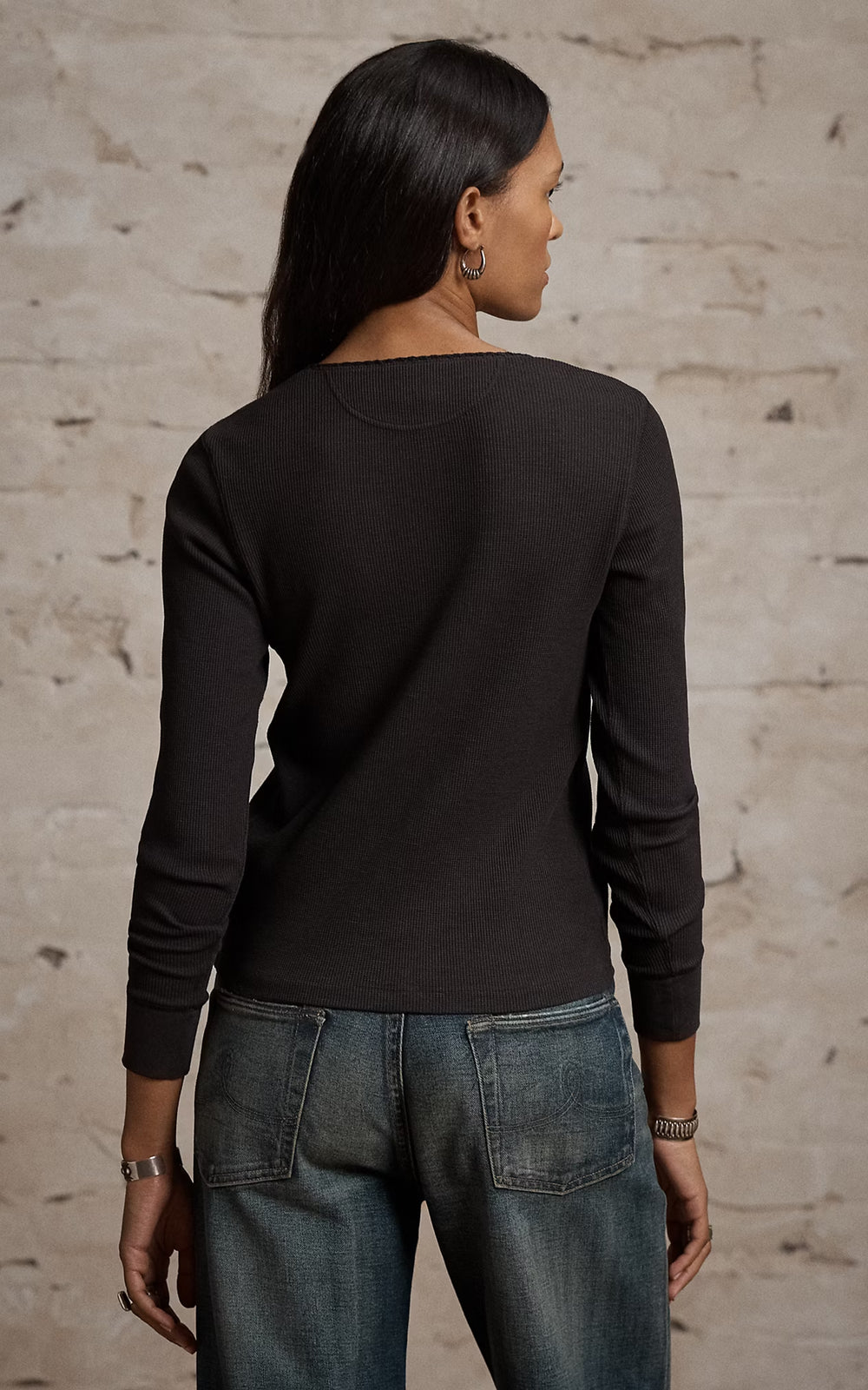 RRL Stretch Waffle-Knit Henley Shirt Sparrow Brown