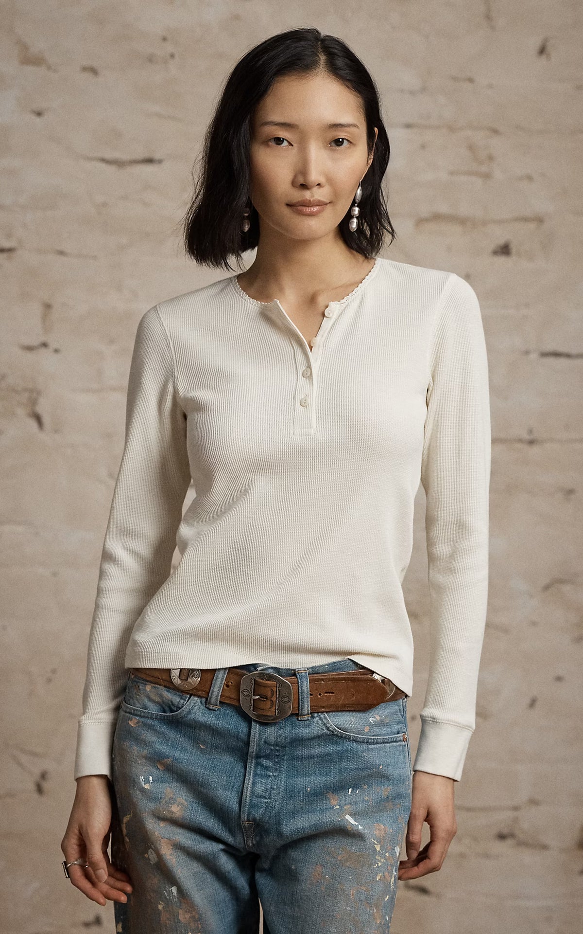 RRL Stretch Waffle-Knit Henley Shirt Antique Cream