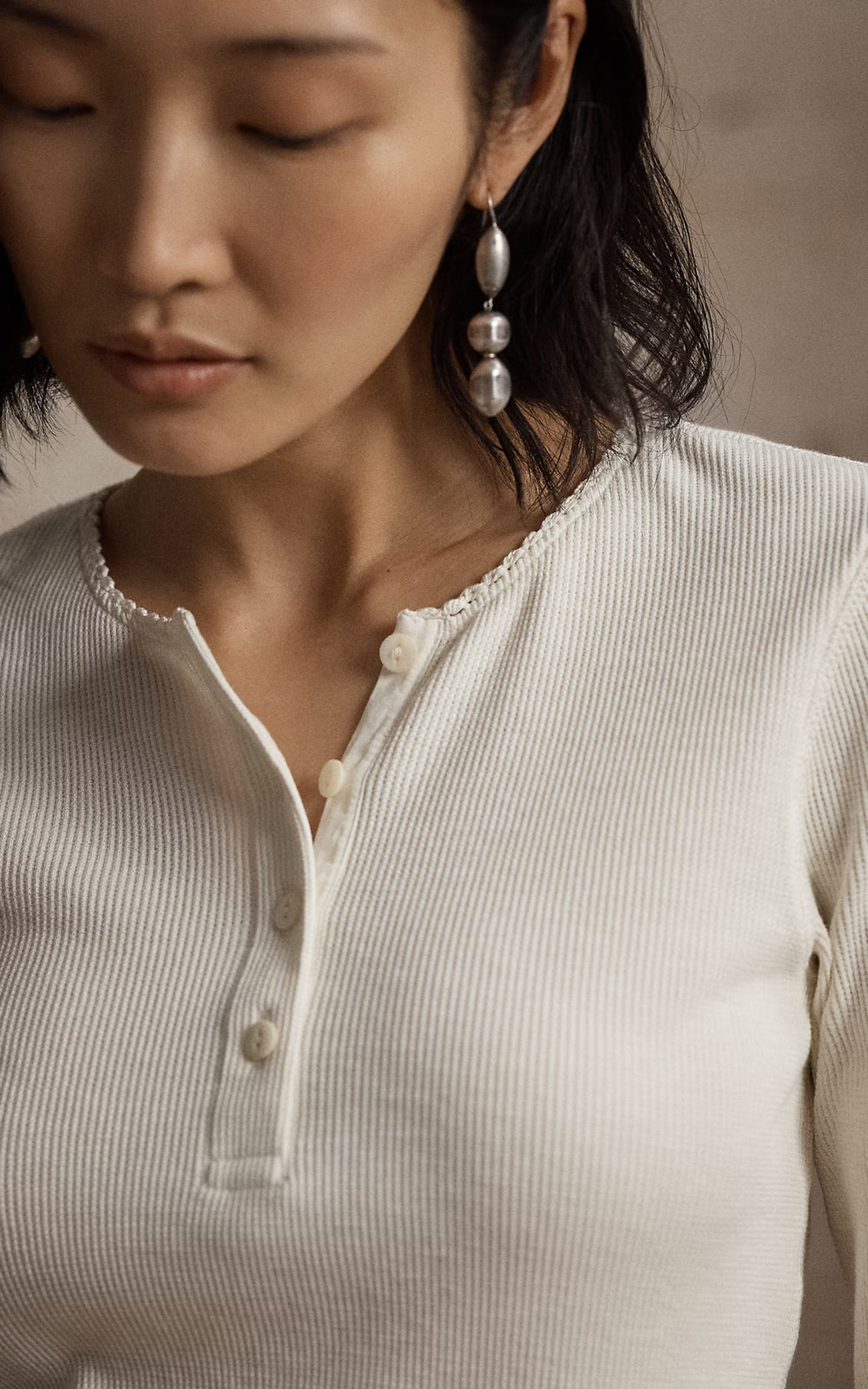 RRL Stretch Waffle-Knit Henley Shirt Antique Cream