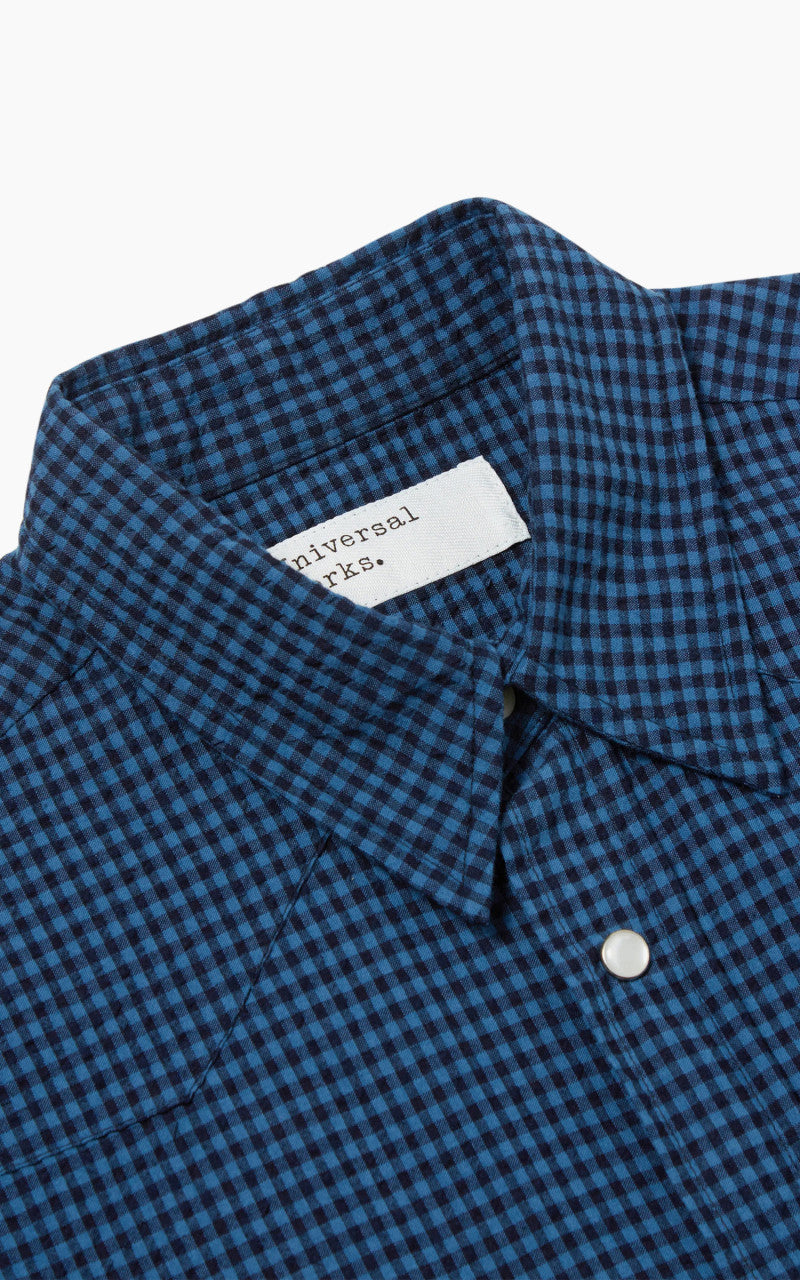 Universal Works Western Garage Shirt Gingham Seersucker Navy