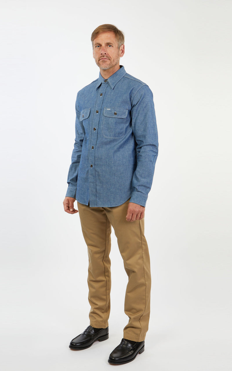 Warehouse & Co. 3036 Chambray Shirt Duck Digger W/ Elbow Patch Saxe Blue