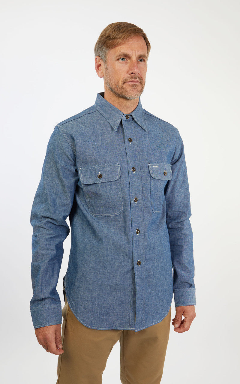 Warehouse & Co. 3036 Chambray Shirt Duck Digger W/ Elbow Patch Saxe Blue