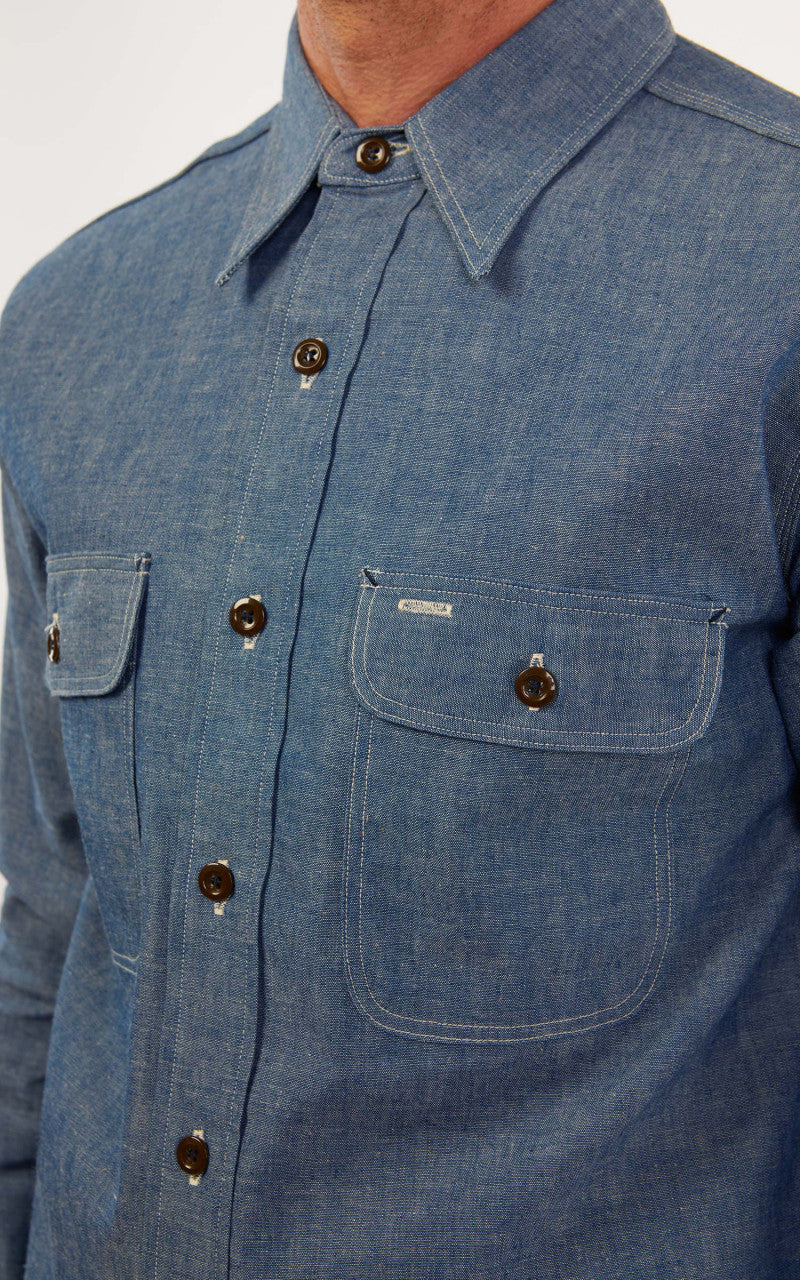 Warehouse & Co. 3036 Chambray Shirt Duck Digger W/ Elbow Patch Saxe Blue