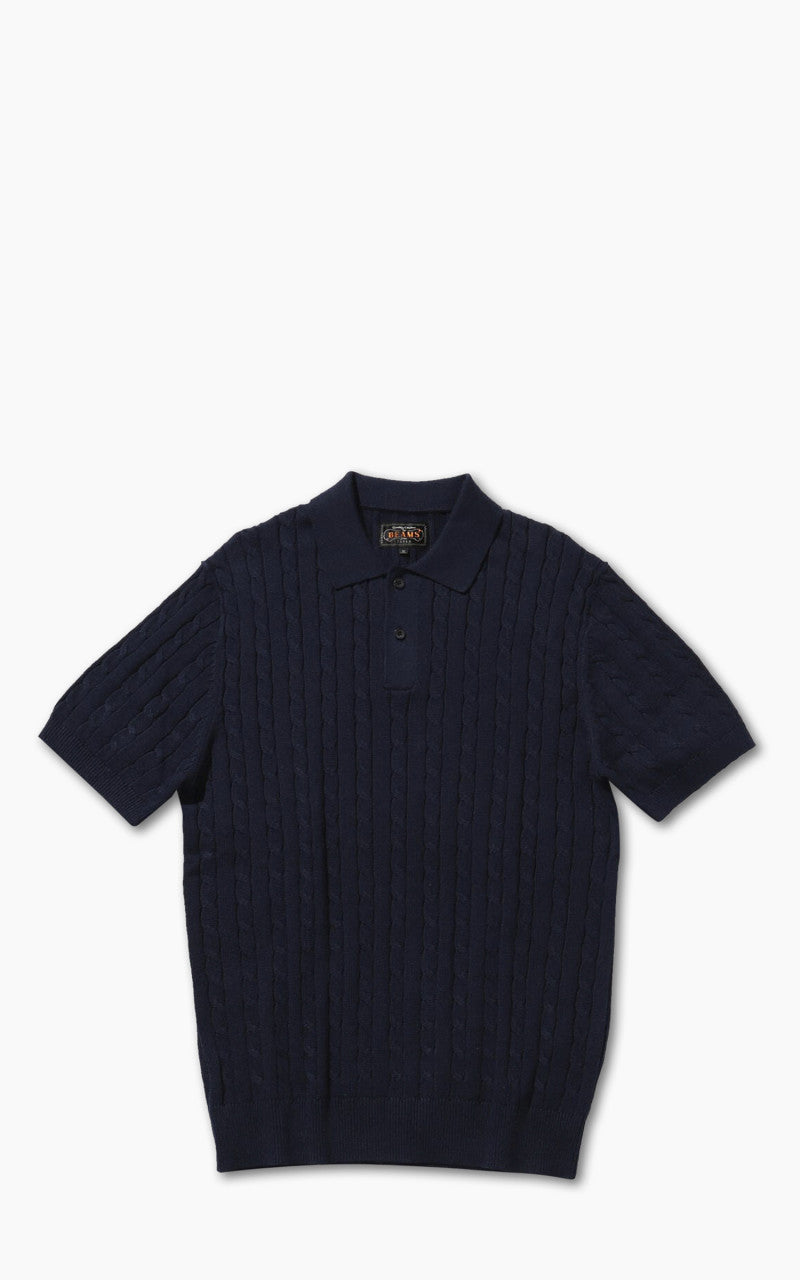 Beams Plus Linen Cotton Cable Knit Polo Shirt Navy
