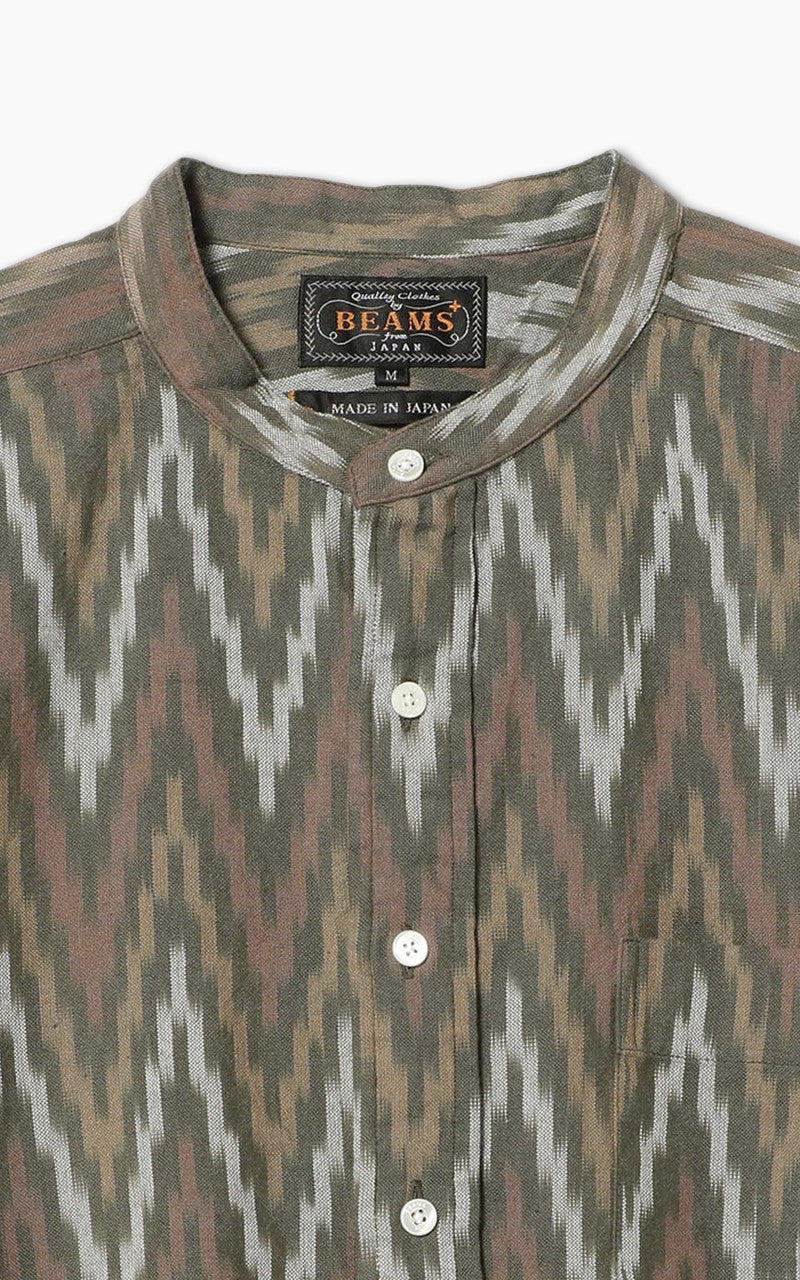 Beams Plus Ikat Band Collar Pullover Shirt Olive