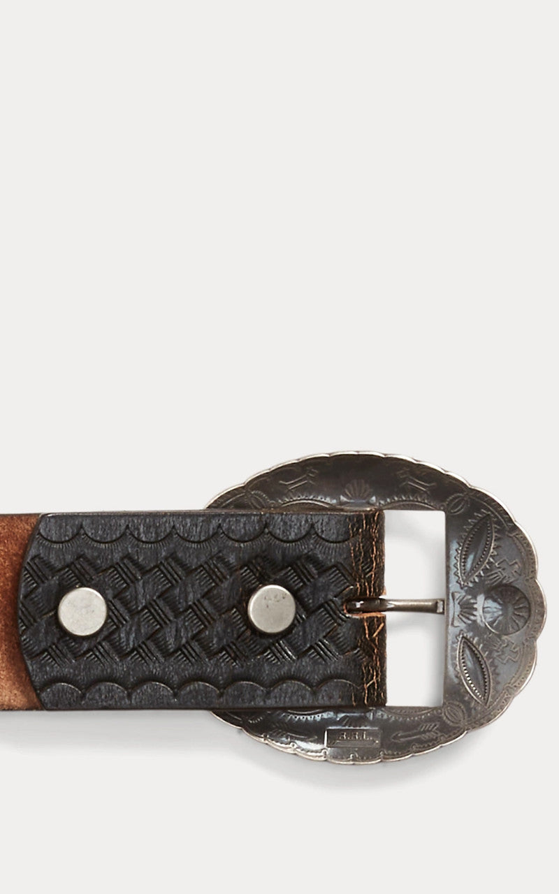 RRL Garrison Studded Leather Belt Black Over Brown