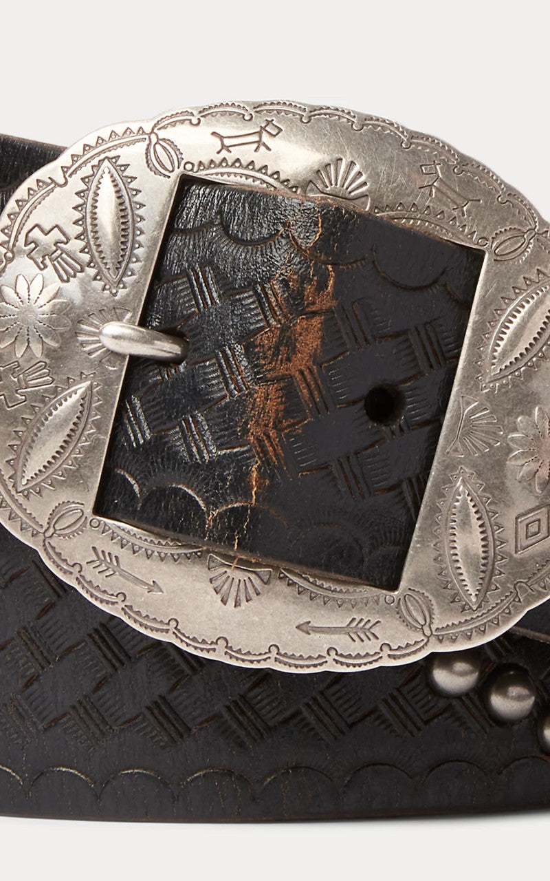 RRL Garrison Studded Leather Belt Black Over Brown