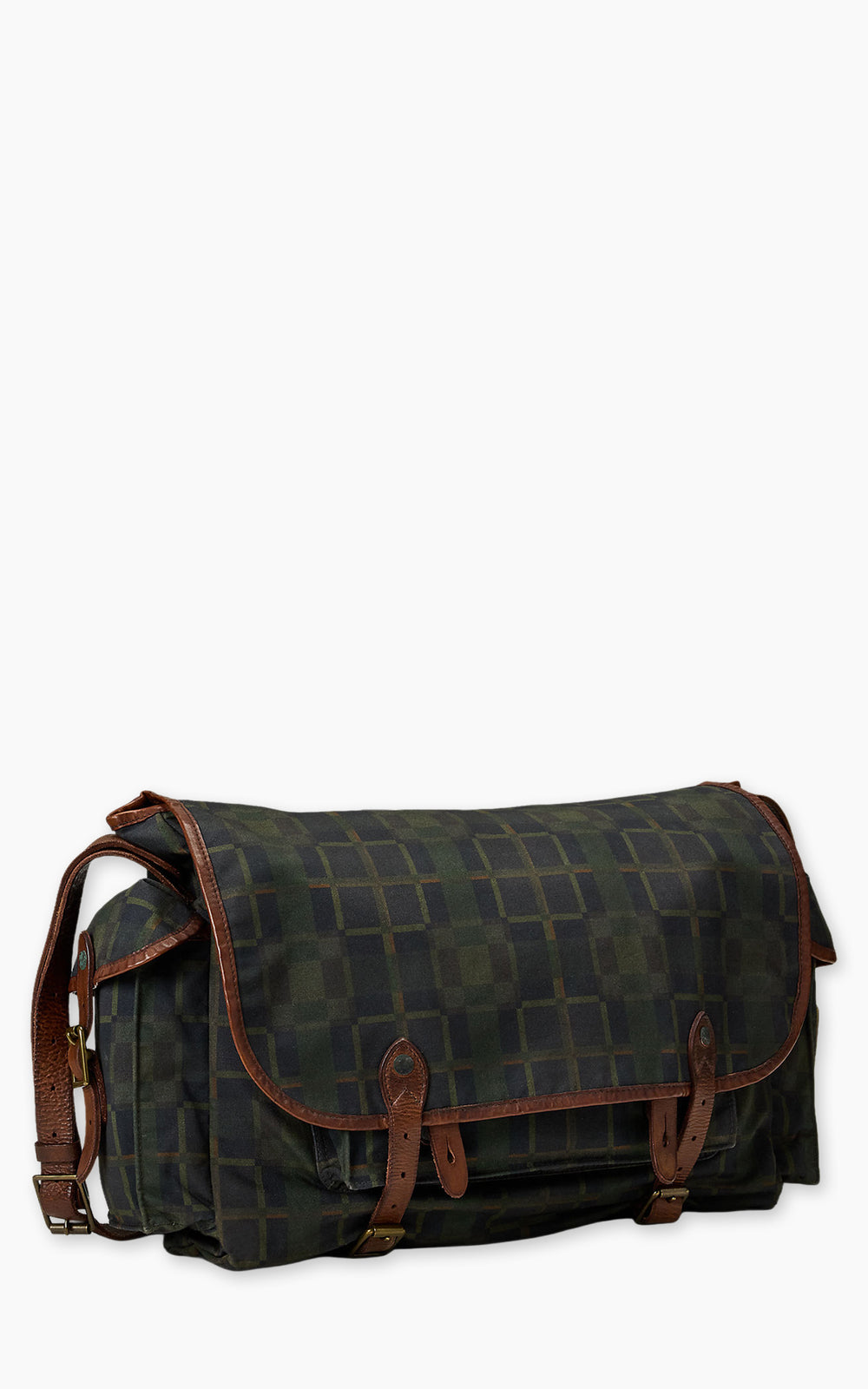 RRL Check-Print Oilcloth Messenger Bag Navy Multi Plaid