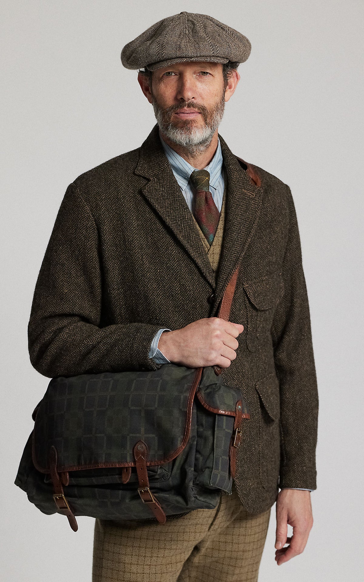 RRL Check-Print Oilcloth Messenger Bag Navy Multi Plaid