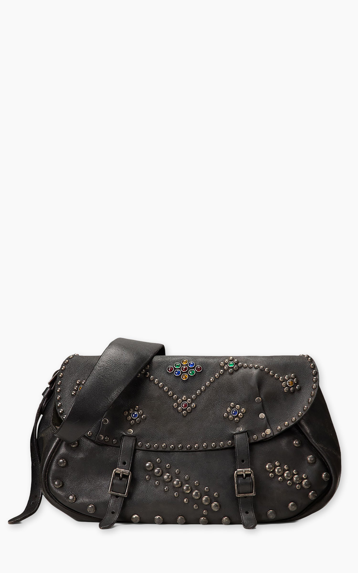 RRL Studded Leather Saddle Bag Black/Vintage Silver