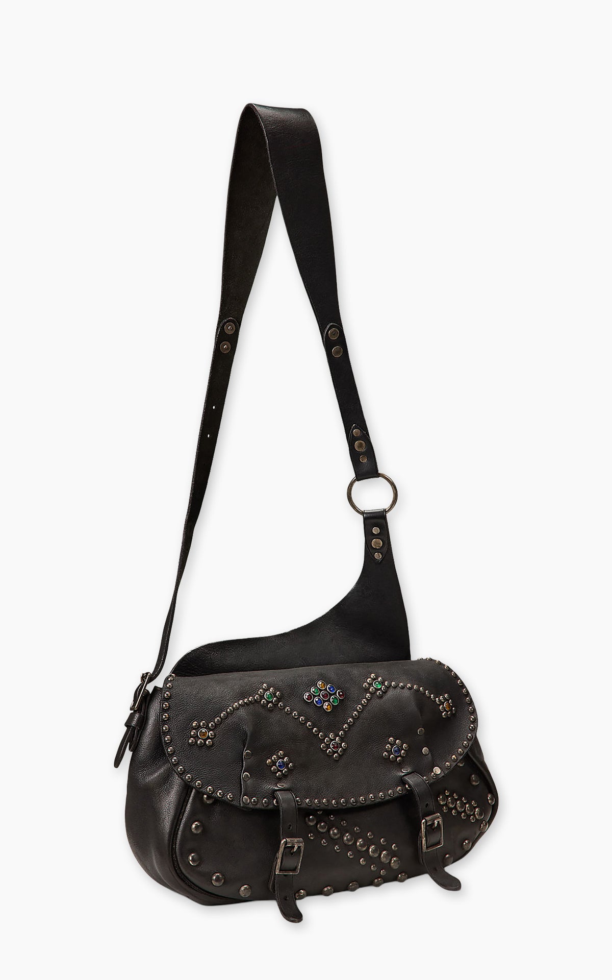 RRL Studded Leather Saddle Bag Black/Vintage Silver
