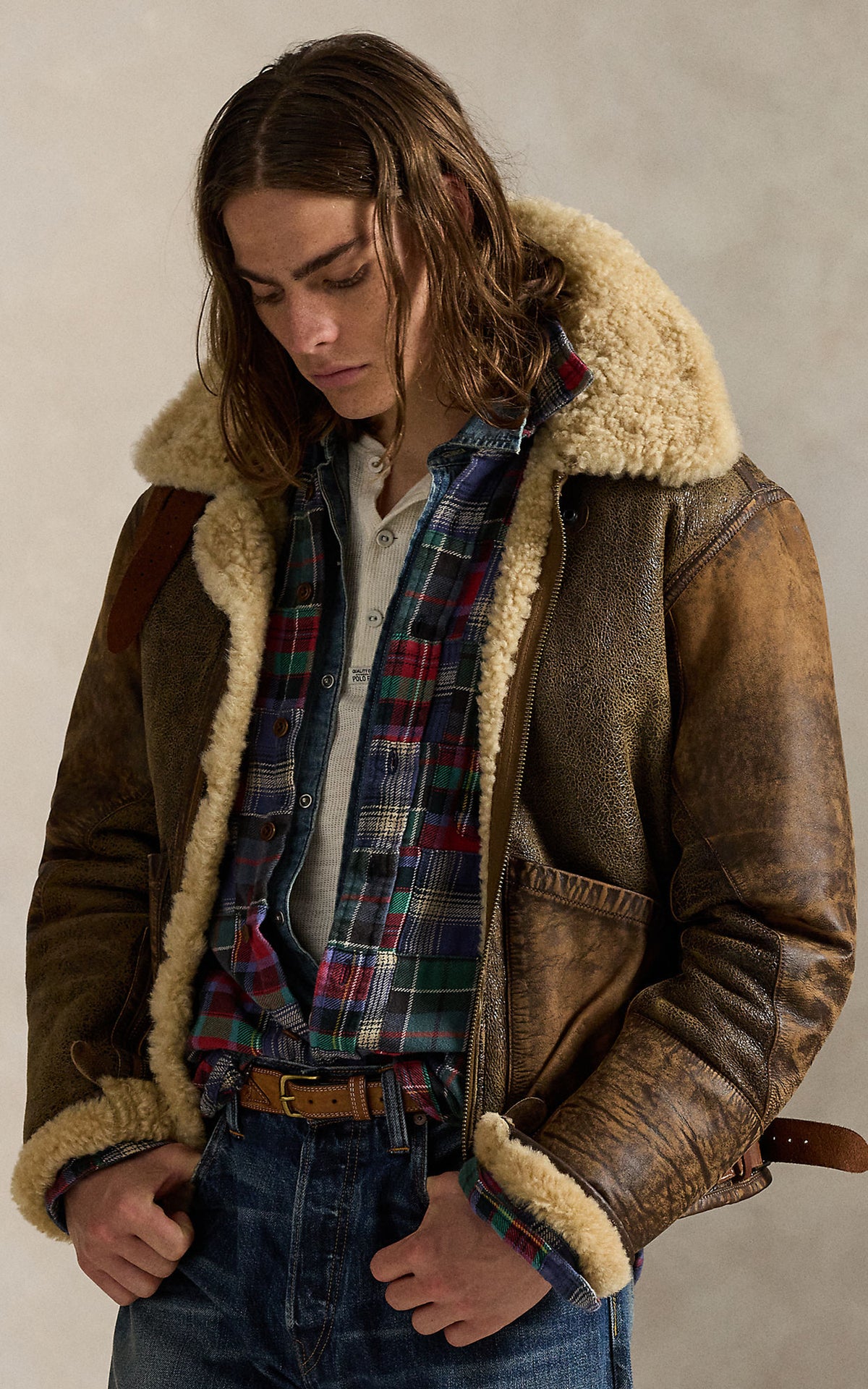 Polo Ralph Lauren Leather-Trim Shearling Flight Jacket Brown Earth