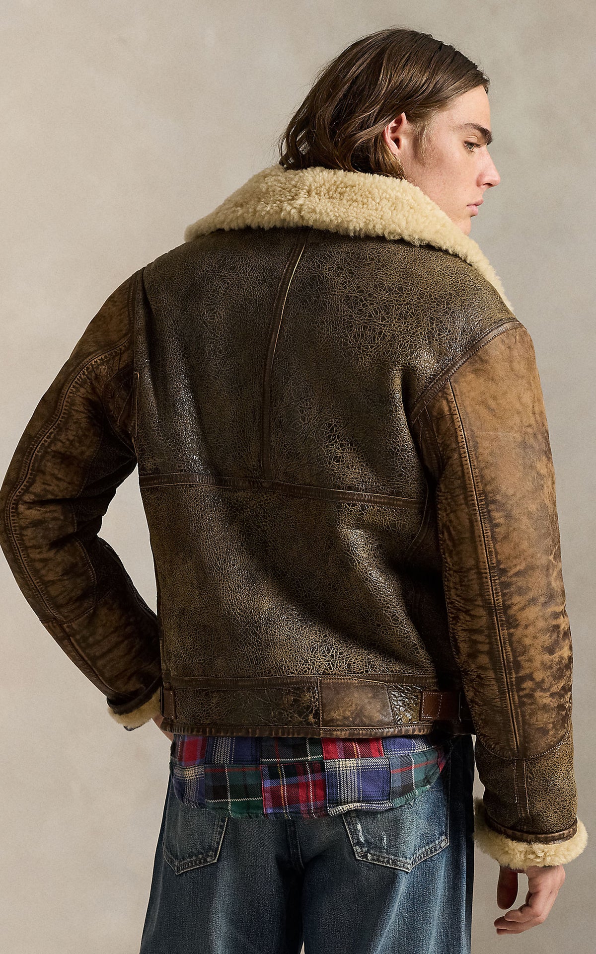 Polo Ralph Lauren Leather-Trim Shearling Flight Jacket Brown Earth