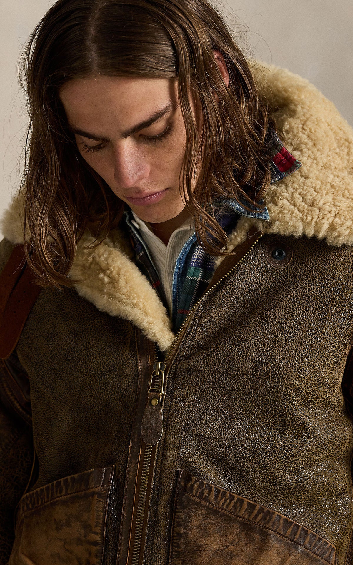 Polo Ralph Lauren Leather-Trim Shearling Flight Jacket Brown Earth