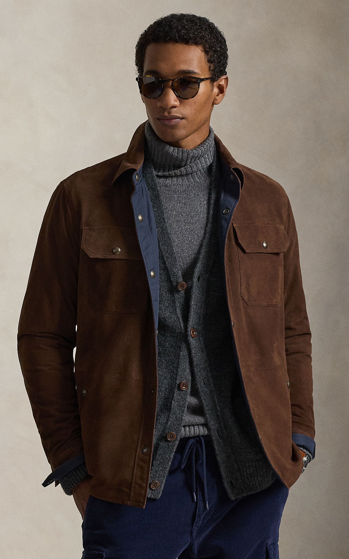 Polo Ralph Lauren Reversible Suede-Taffeta Shirt Jacket Cooper Brown/Collection Navy