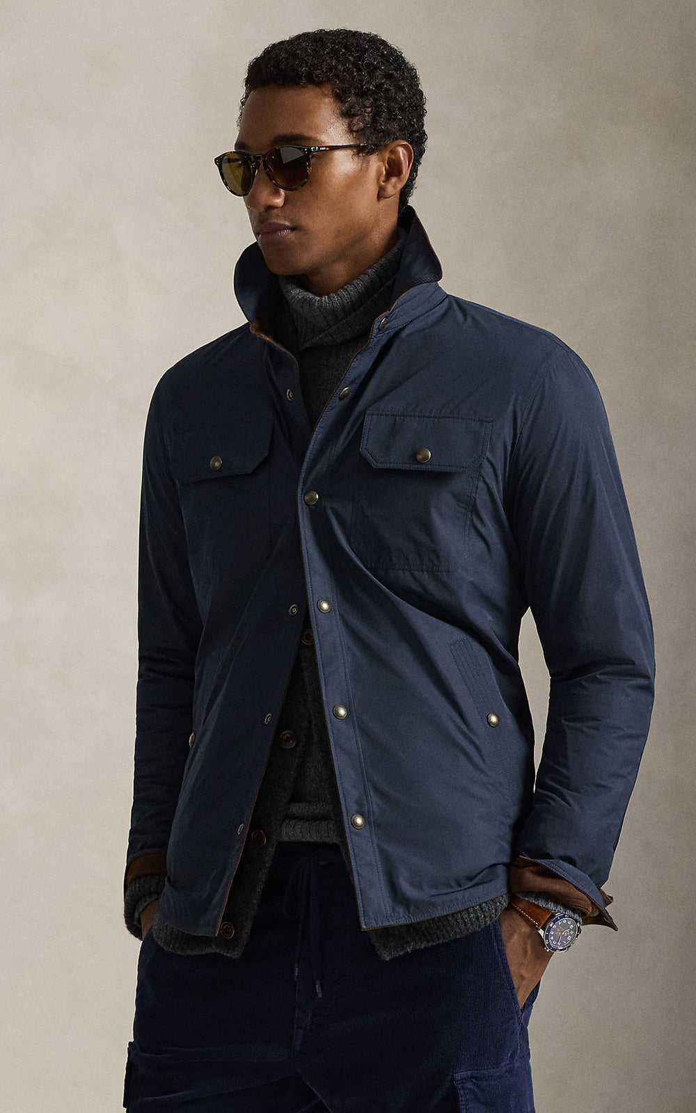 Polo Ralph Lauren Reversible Suede-Taffeta Shirt Jacket Cooper Brown/Collection Navy