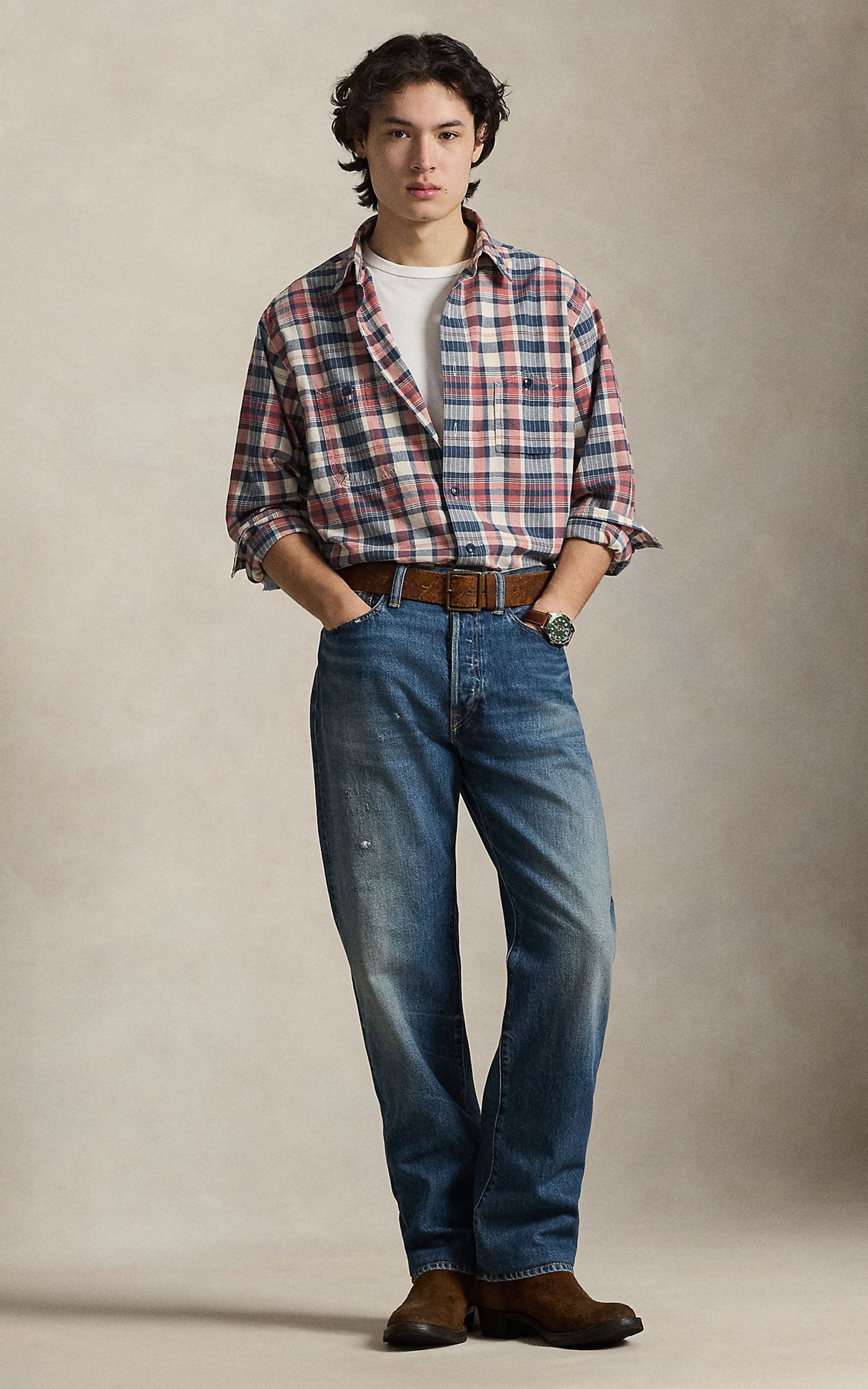 Polo Ralph Lauren Classic Fit Repaired Madras Workshirt Cream Navy