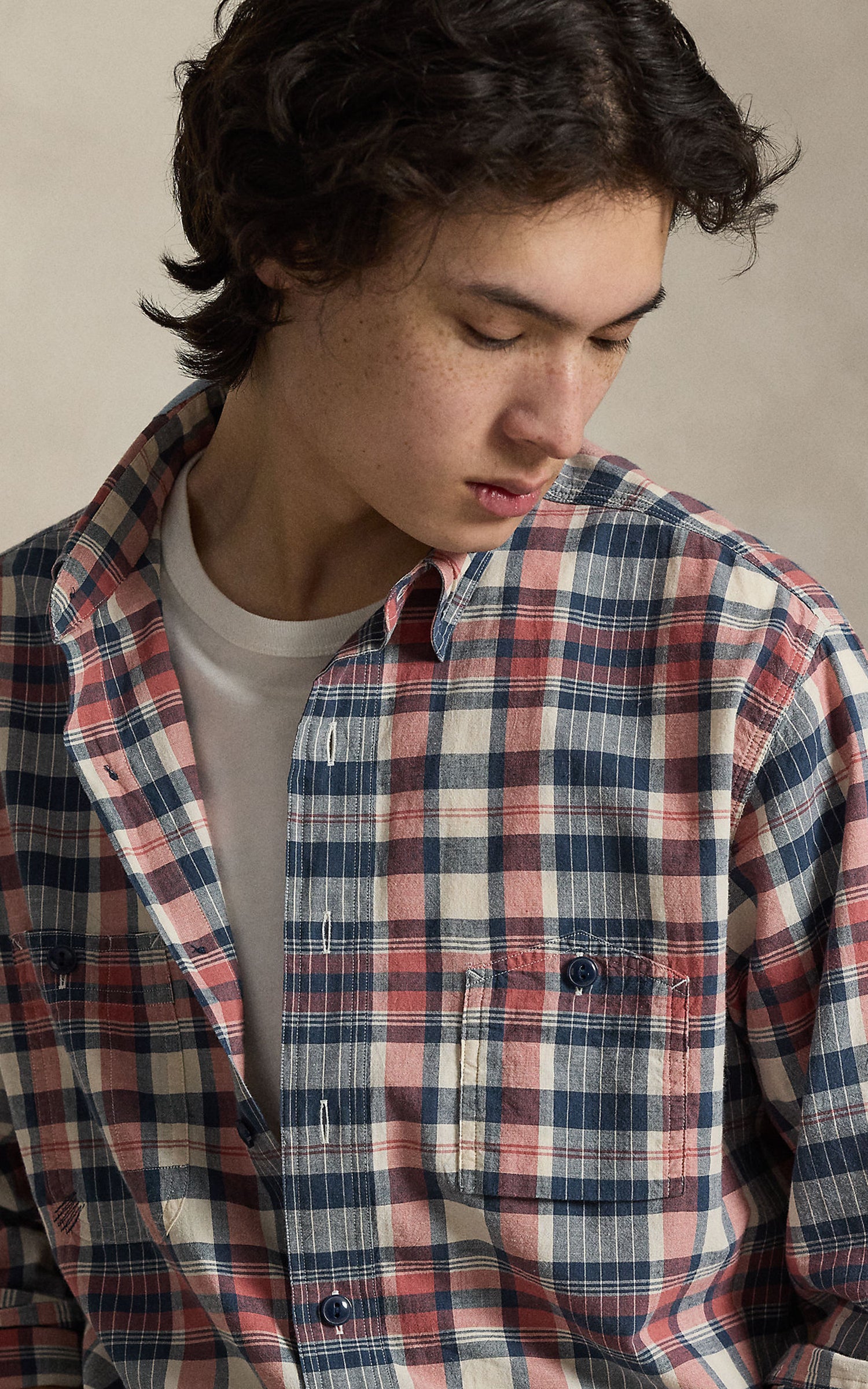 Polo Ralph Lauren Classic Fit Repaired Madras Workshirt Cream Navy