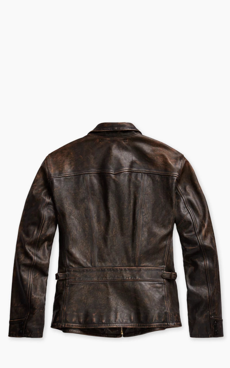 RRL Lynton Moto Leather Jacket Black Over Brown