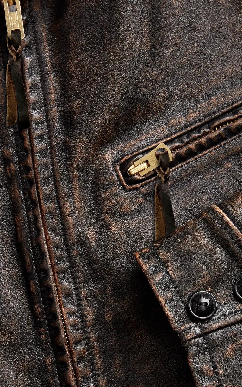 RRL Lynton Moto Leather Jacket Black Over Brown