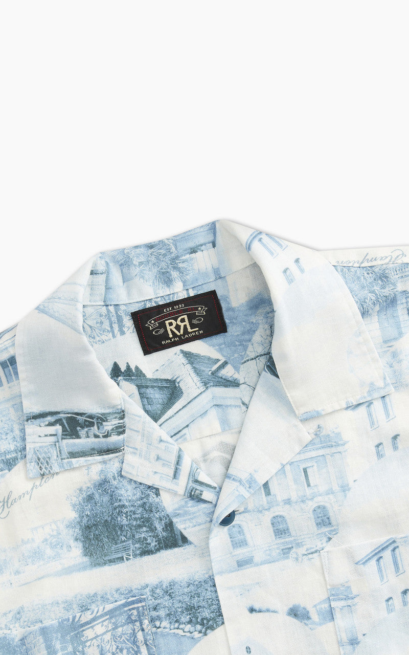 RRL Camp Shirt Postcard-Print Linen-Cotton Cream/Blue