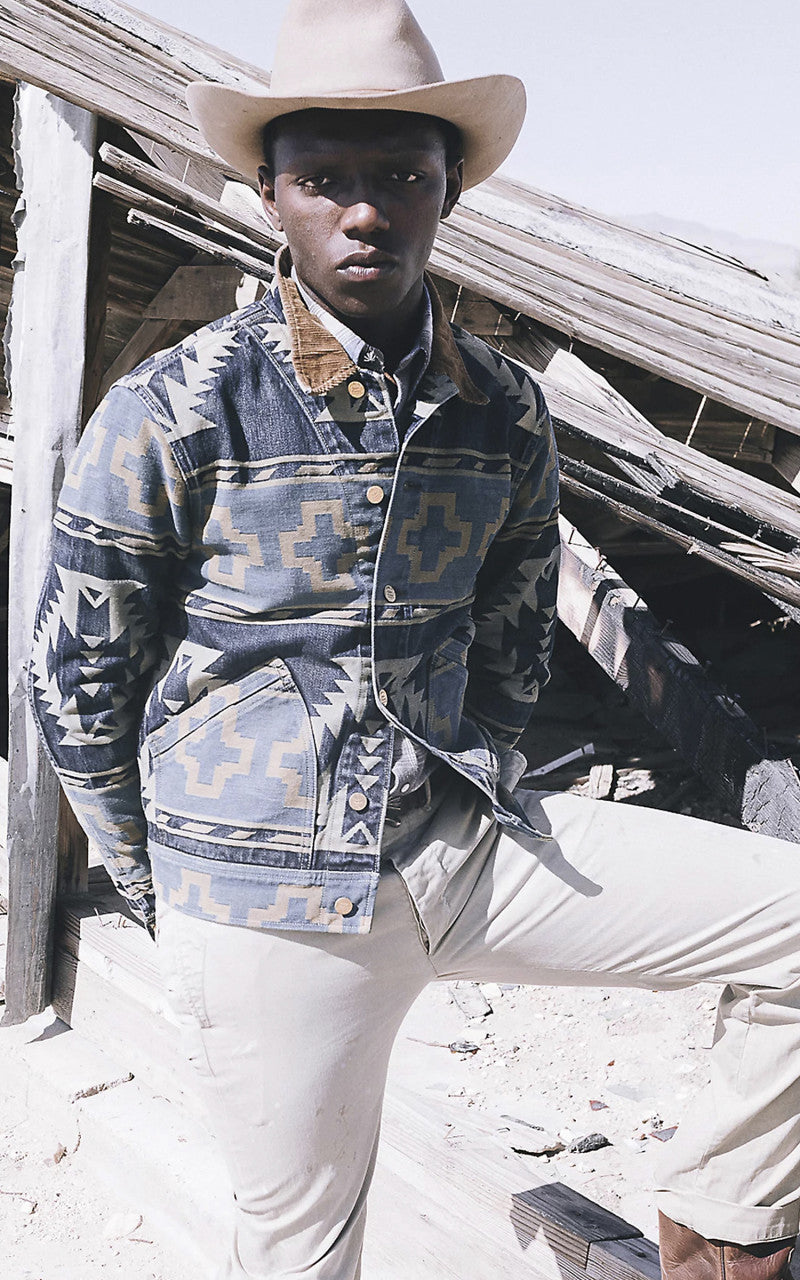 RRL Corduroy-Trim Jacquard Jacket Indigo/Yellow/Tan Multi