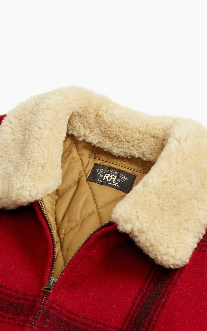 RRL Shearling-Collar Plaid Wool Jacket Red/Black Multi