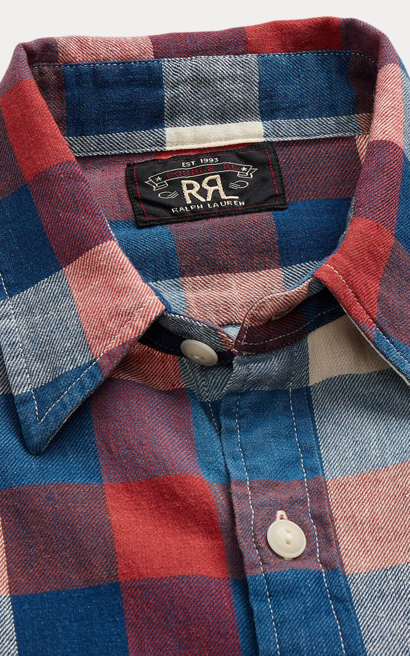 RRL Indigo Plaid Cotton-Linen Workshirt Red/Indigo
