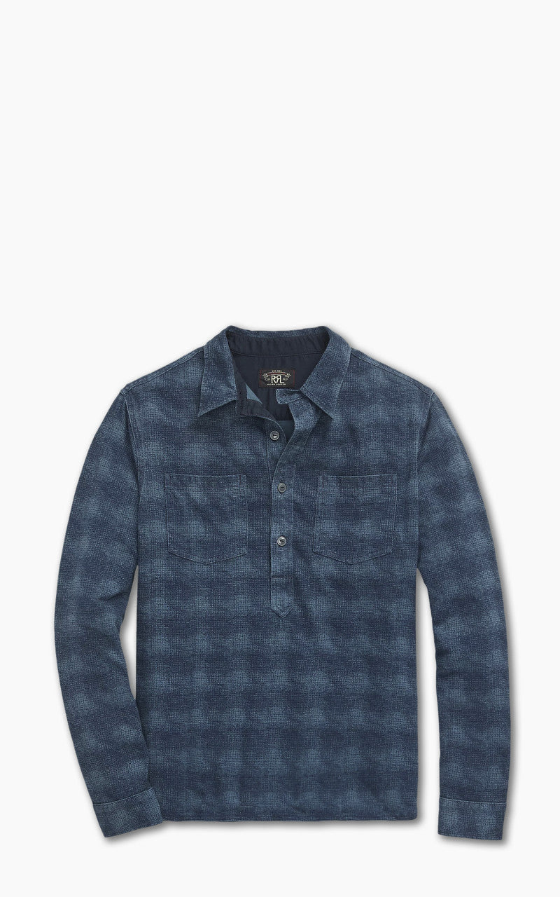 RRL Plaid-Print Jersey Popover Workshirt Navy/Blue