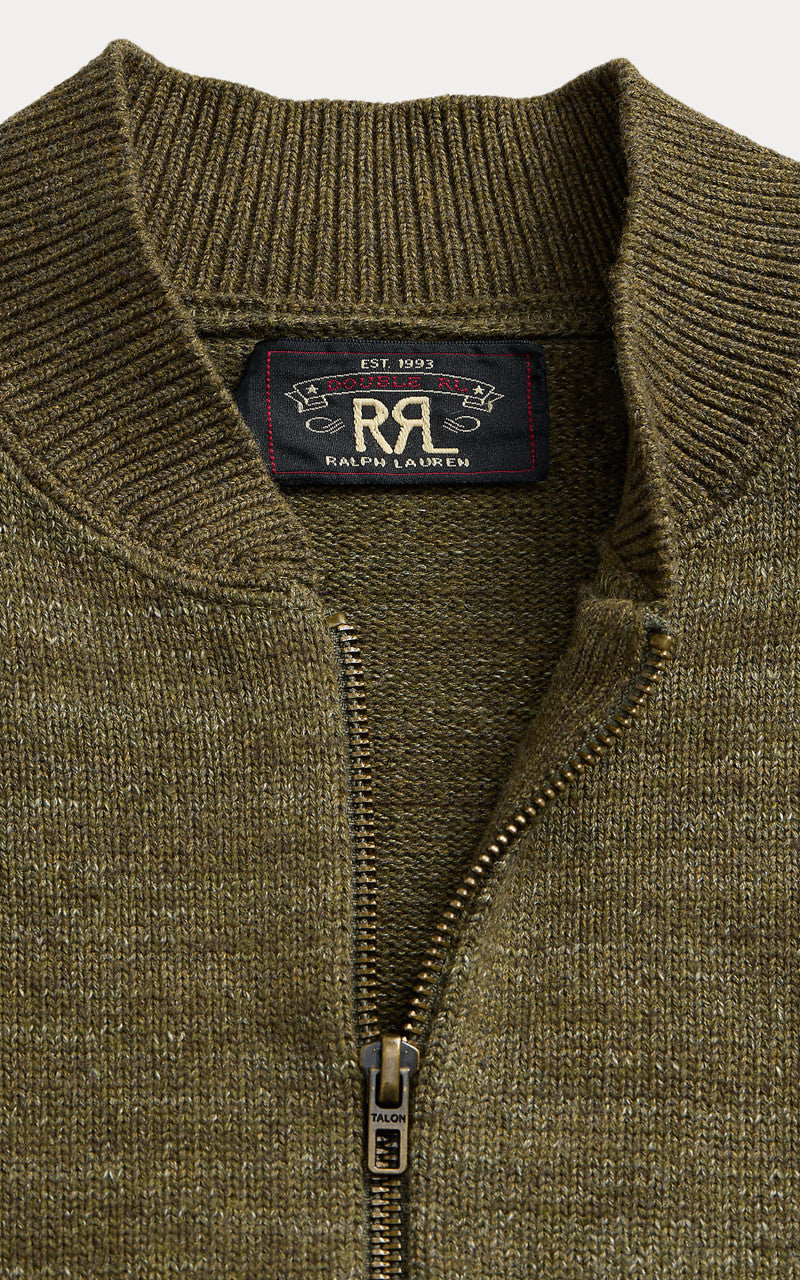 RRL Cotton Wool Full Zip Cardigan Sweater Olive Heather