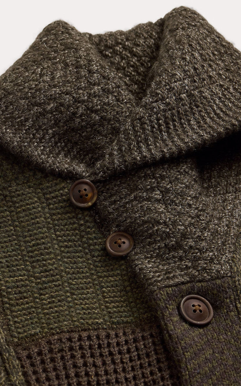 RRL Patchwork Shawl Collar Cardigan Olive Multi