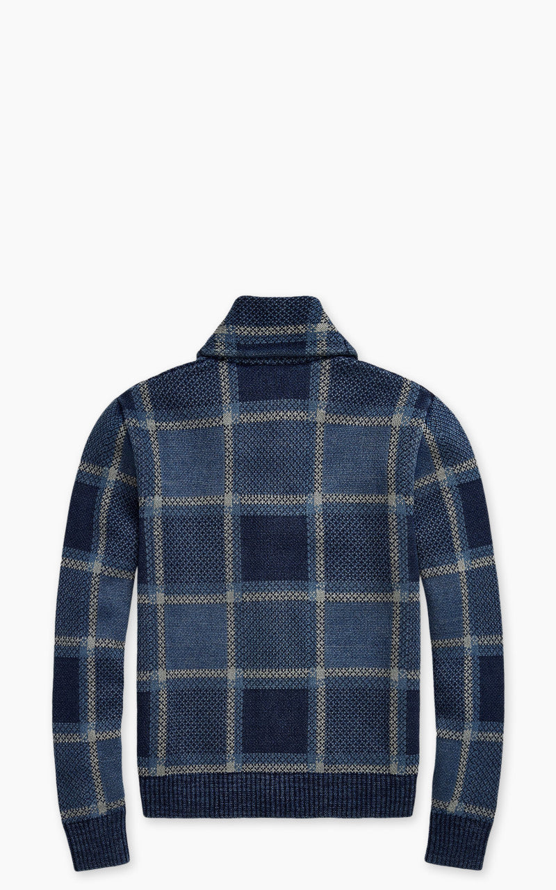 RRL Indigo Plaid Shawl Collar Cardigan Blue Multi