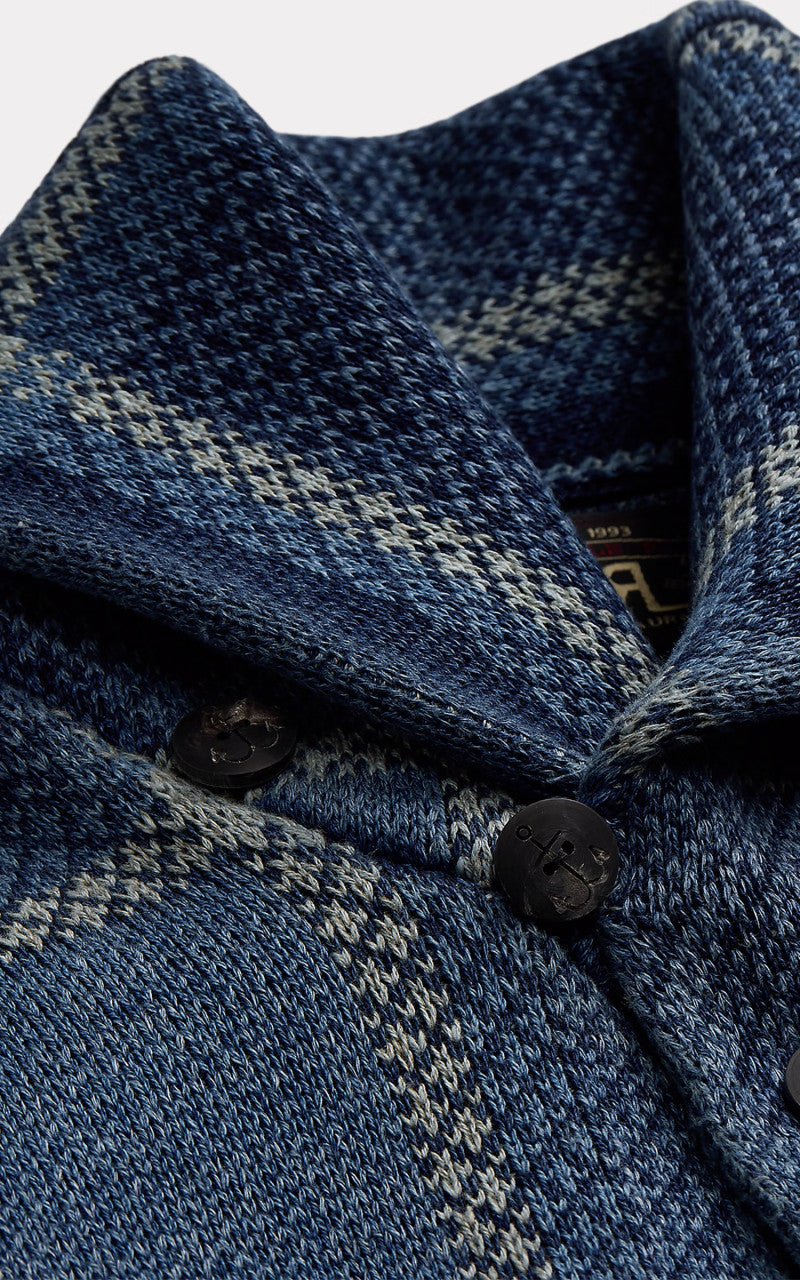 RRL Indigo Plaid Shawl Collar Cardigan Blue Multi