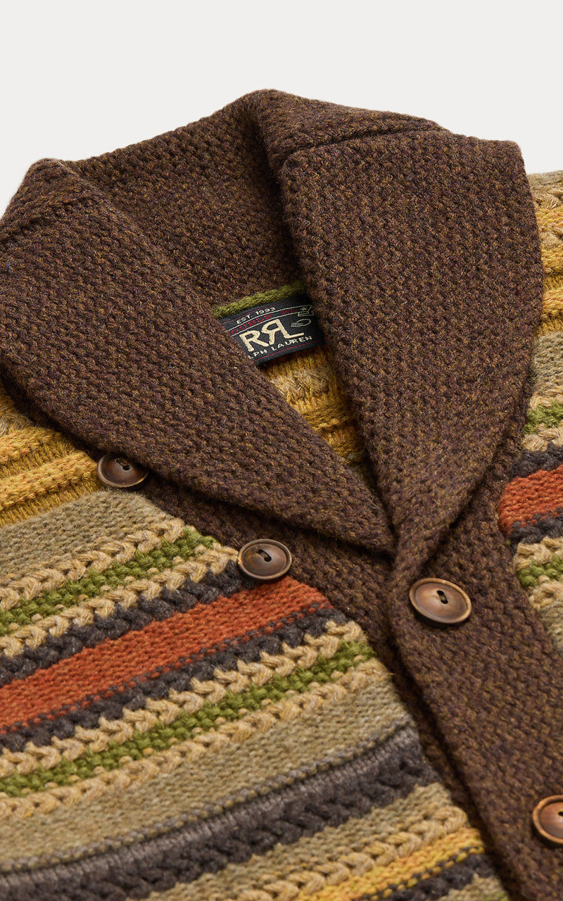 RRL Striped Wool Shawl Collar Cardigan Brown Multi