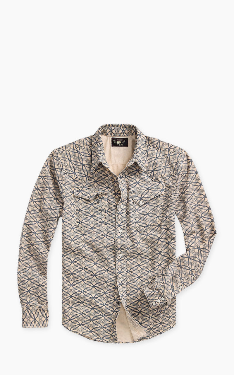 RRL Allen Indigo Print Denim Western Shirt Cream/Indigo