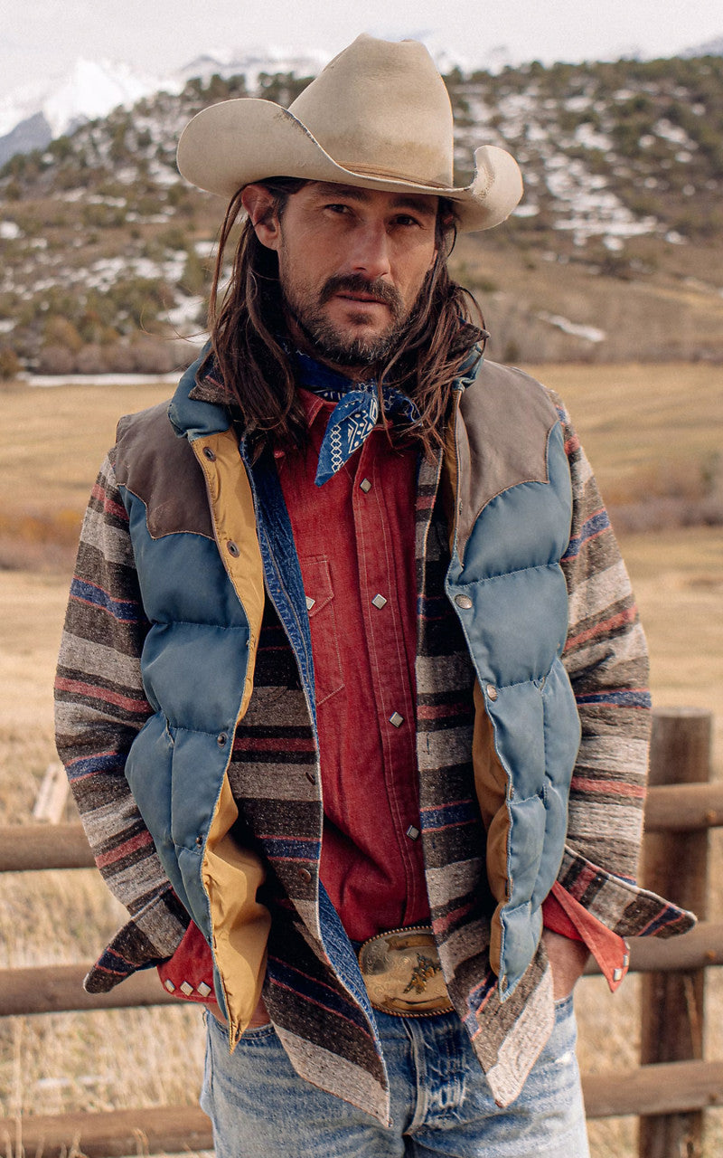 RRL Stonely Leather-Yoke Quilted Vest Vintage Blue