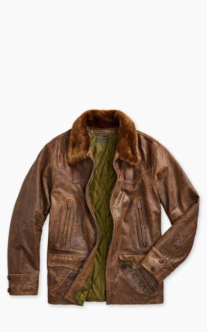 RRL Thurston Shearling-Collar Leather Car Coat Vintage Brown