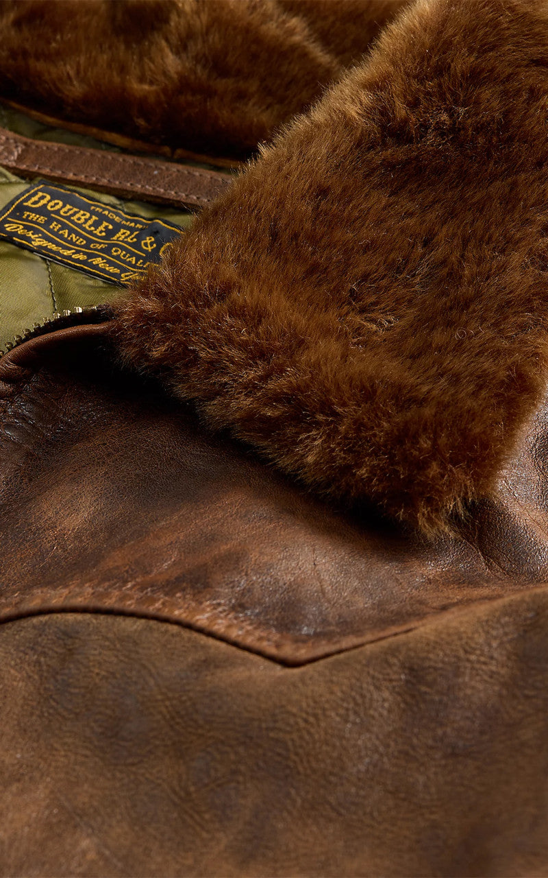 RRL Thurston Shearling-Collar Leather Car Coat Vintage Brown
