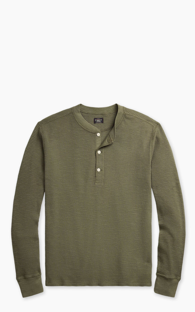 RRL Garment-Dyed Waffle-Knit Henley Shirt Olive