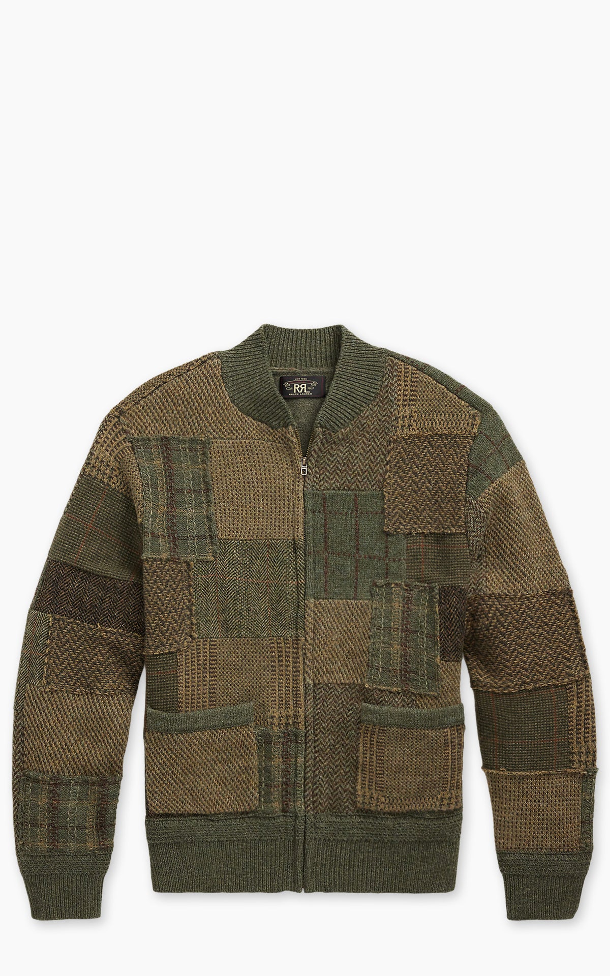 RRL Patchwork Wool-Cashmere Sweater Jacket Olive Multi