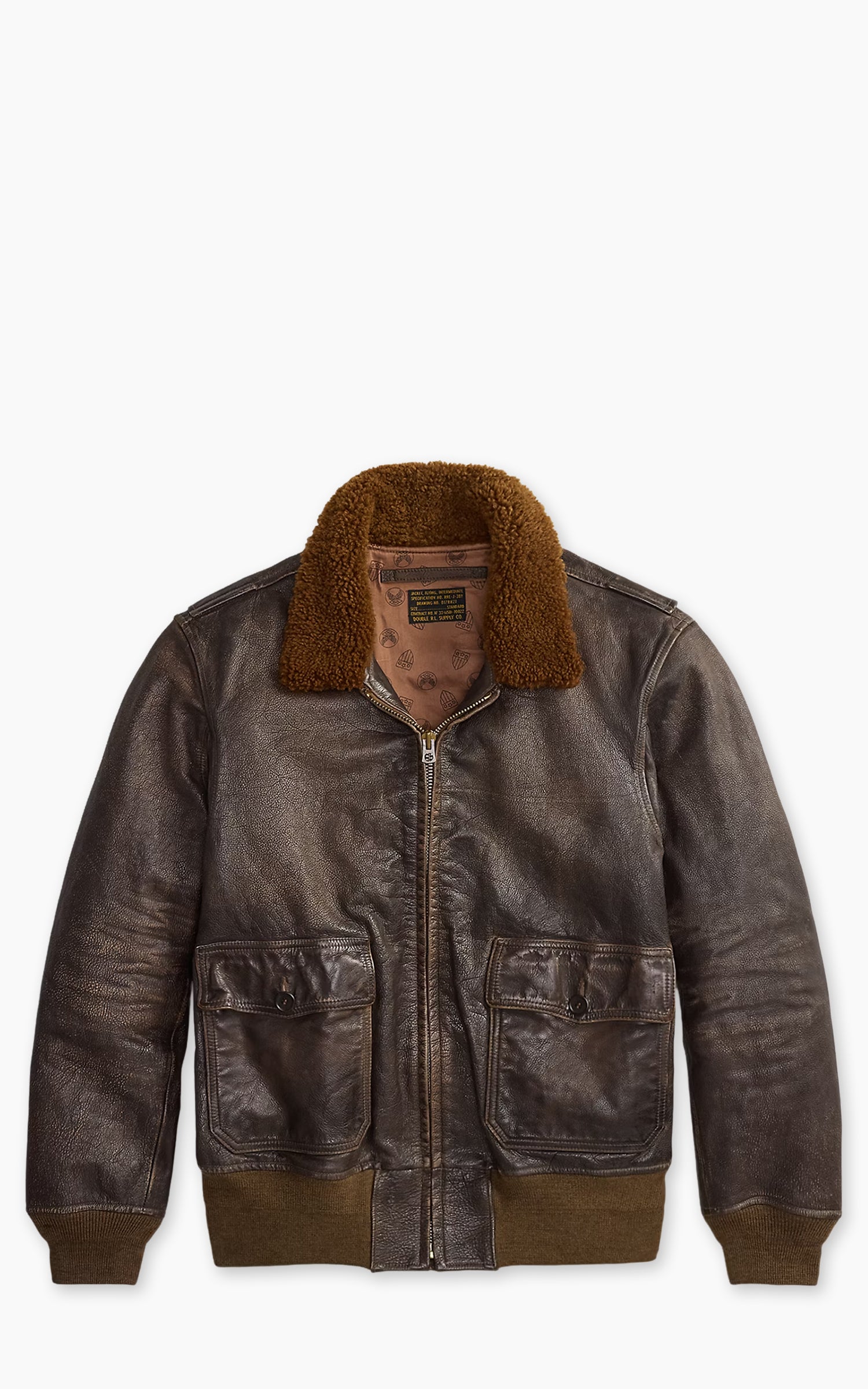 RRL Shearling-Collar Leather Flight Jacket Vintage Brown