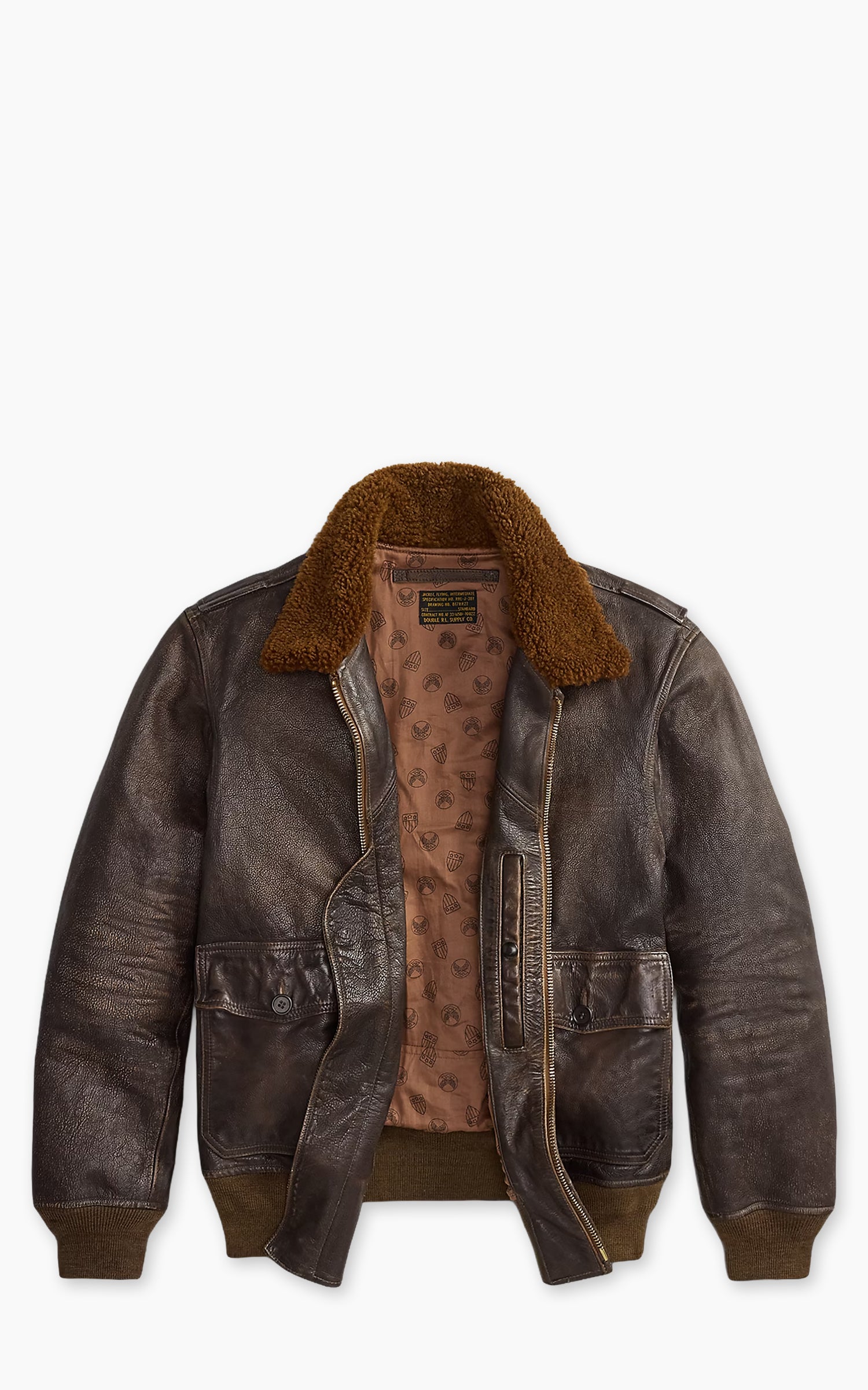 RRL Shearling-Collar Leather Flight Jacket Vintage Brown