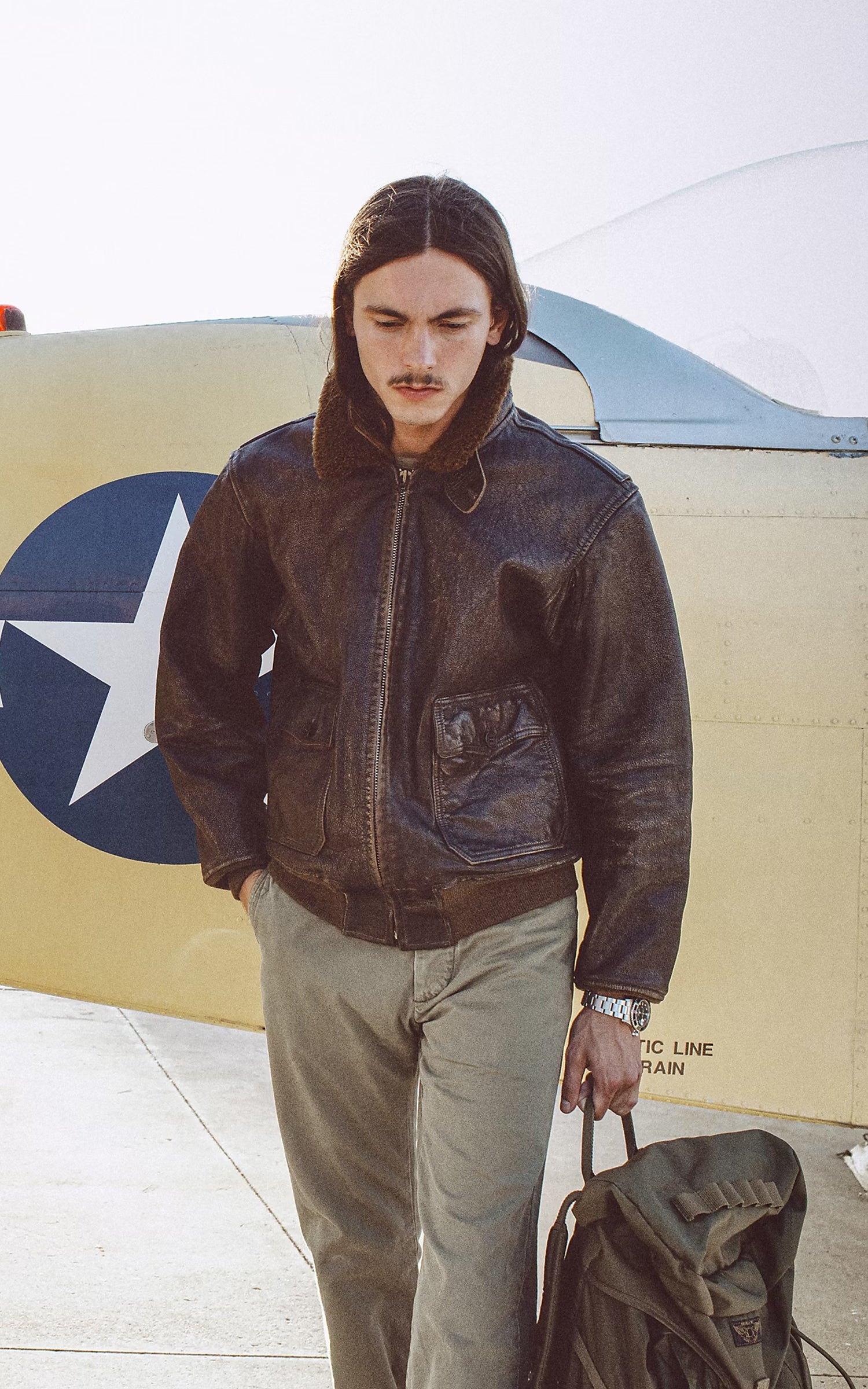 RRL Shearling-Collar Leather Flight Jacket Vintage Brown