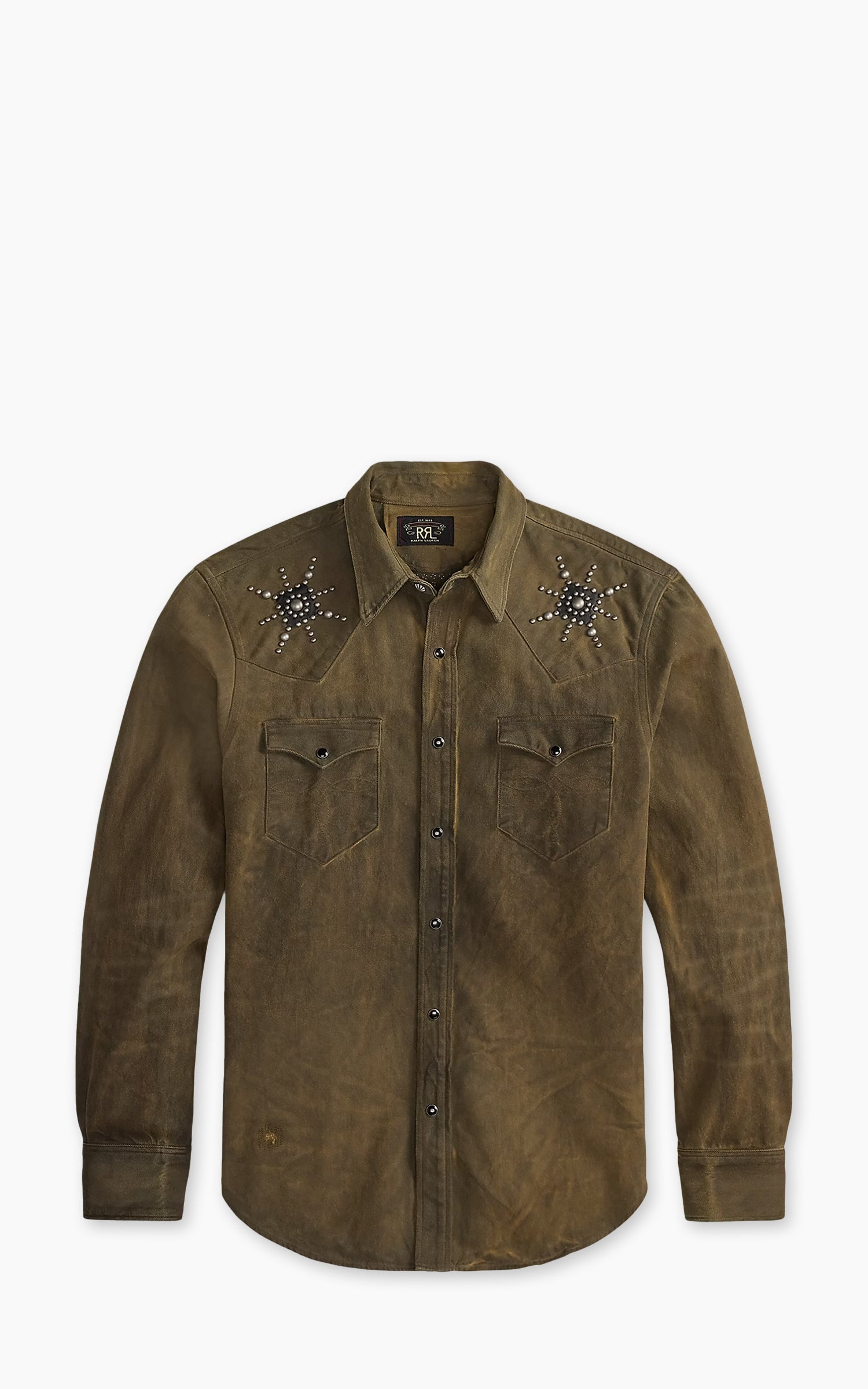 RRL Slim Fit Studded Denim Western Shirt Distressed Brown Wash