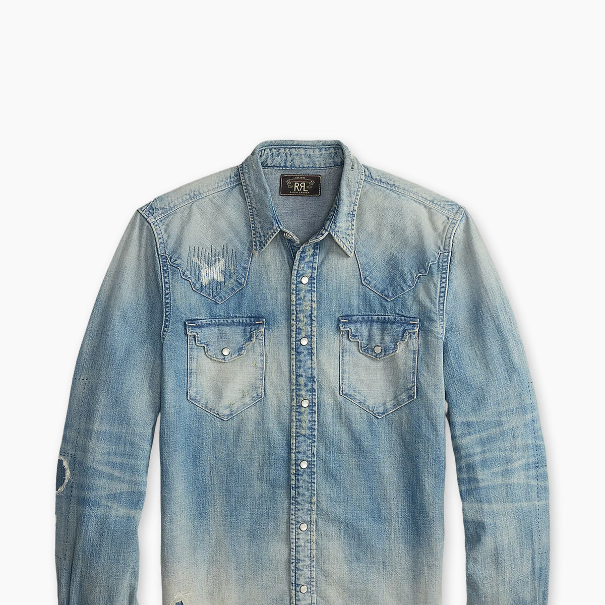 RRL Slim Fit Repaired Denim Western Shirt Addington Wash