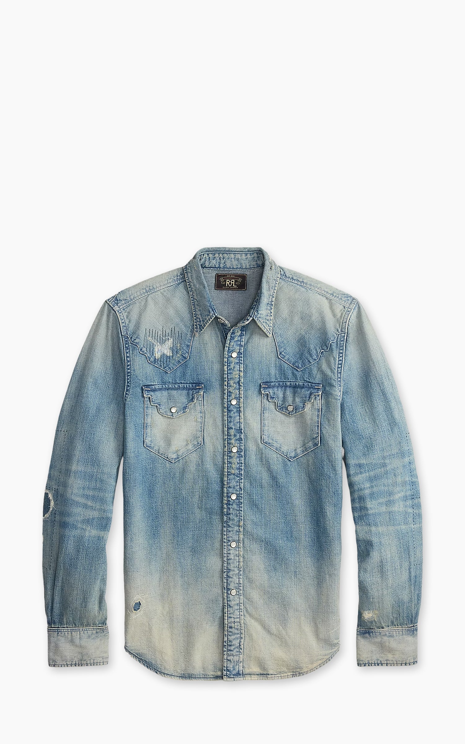 RRL Slim Fit Repaired Denim Western Shirt Addington Wash
